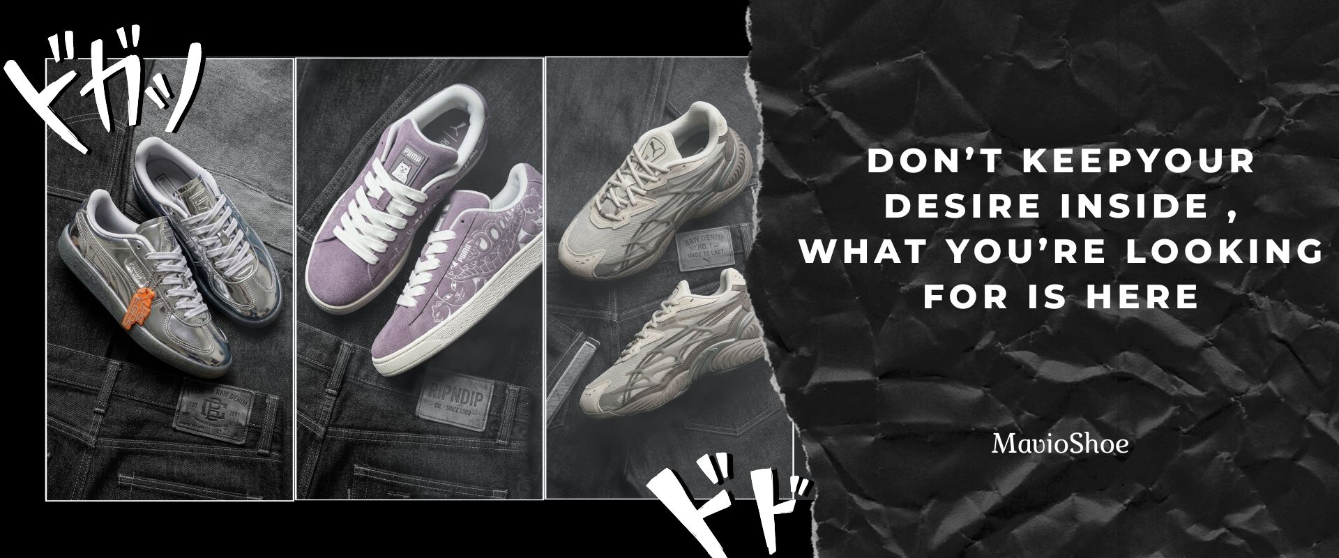 Three stylish sneakers in metallic silver, soft purple, and beige are displayed on dark denim backgrounds, alongside bold text promoting MavioShoe.