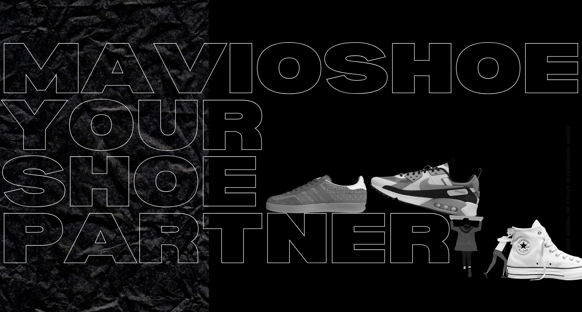 Bold “MAVIO SHOE PARTNER” typography on a black background with multiple sneakers displayed, including a classic white high-top, creating a modern and stylish brand showcase.